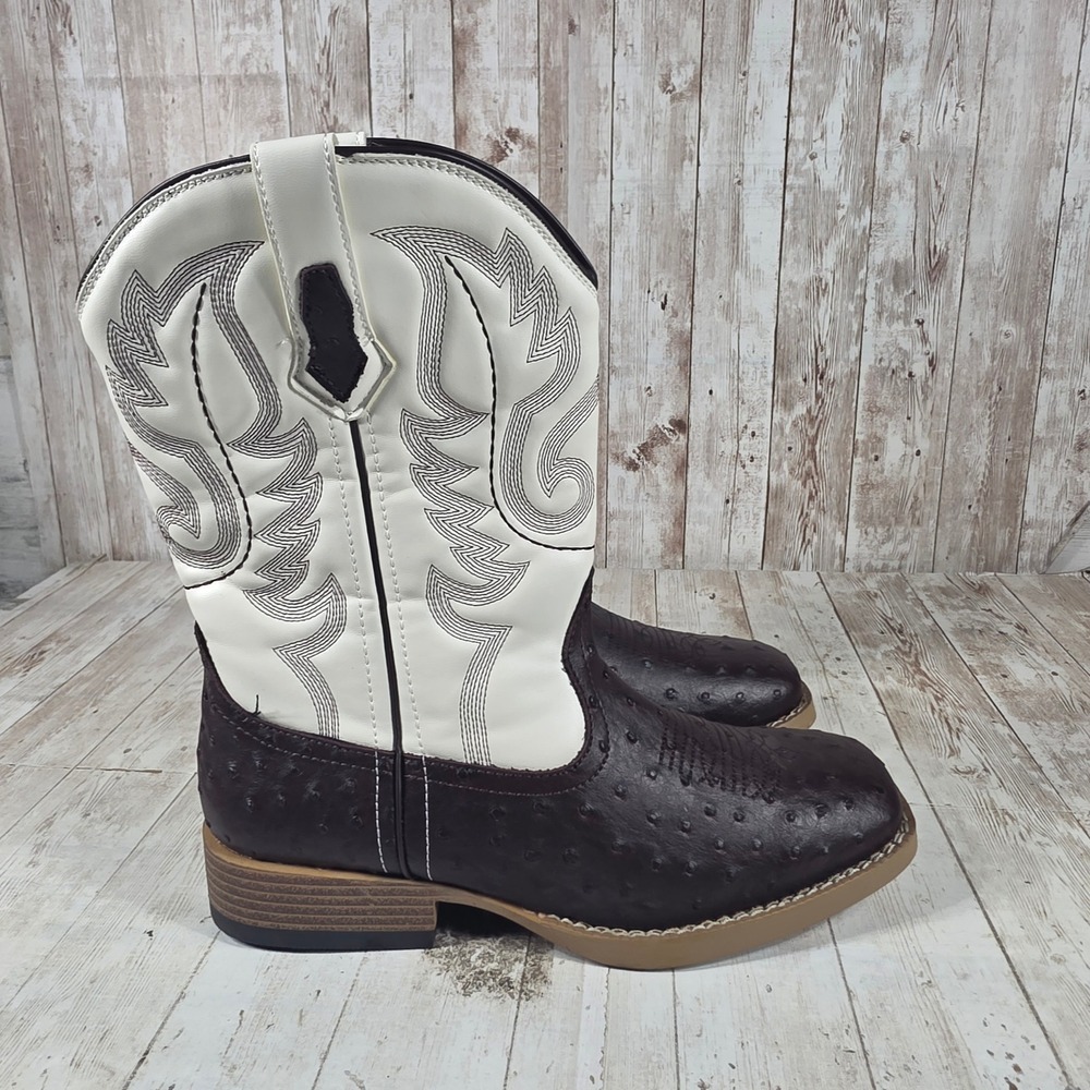 Roper Womens Faux Ostrich Square Toe Western Cowboy Boots Brown White